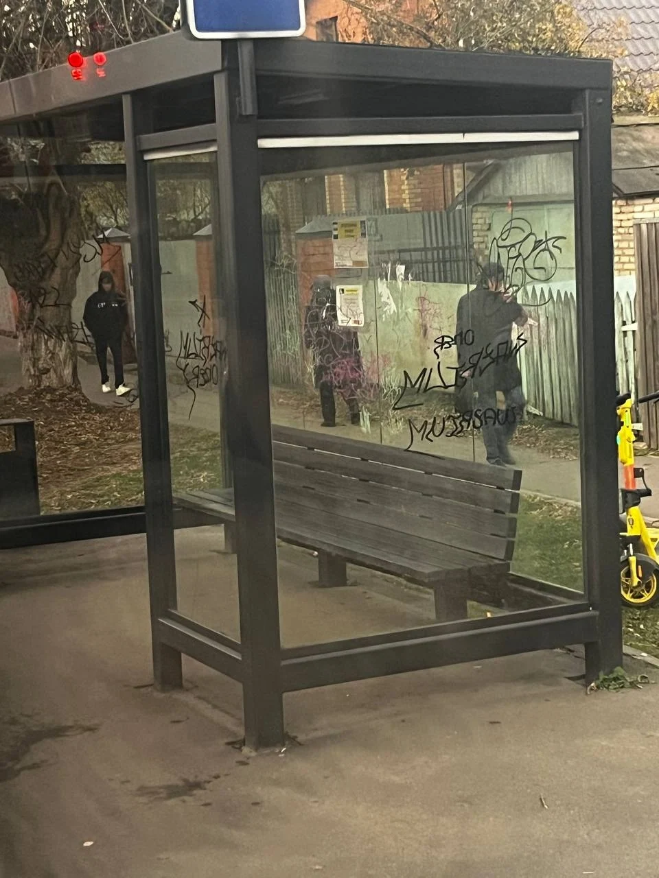 В Старой Купавне вновь разрисовали остановочный павильон «Промтоварный». На его стеклянных стенах появились многочисленные надписи. — фото 1
